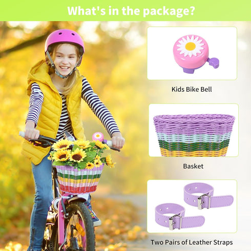 Kids Bike Basket Set, Handwoven Bike Baskets for Children Cycling with Spare Leather Straps and Bell, Easy Install