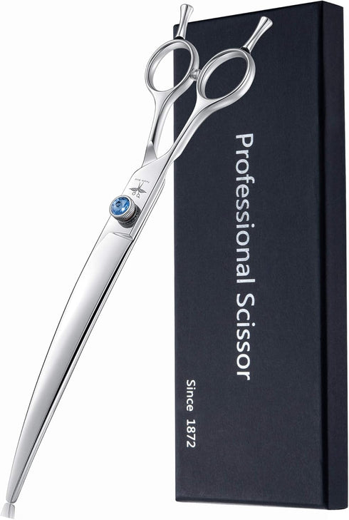 PURPLEBIRD 8 Inch Left Handed Downward Curved Dog Grooming Scissors, Professional Pet Shears, Silver