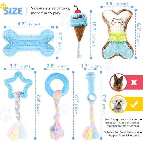 6 Pack Puppy Teething Toys, Blue Small Breed Chew Toys with Rope, Plush Squeaky Set for Interactive Pet Play