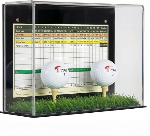 Golf Ball Display Case Stand with Turf Base, for balls from Hole-in-One