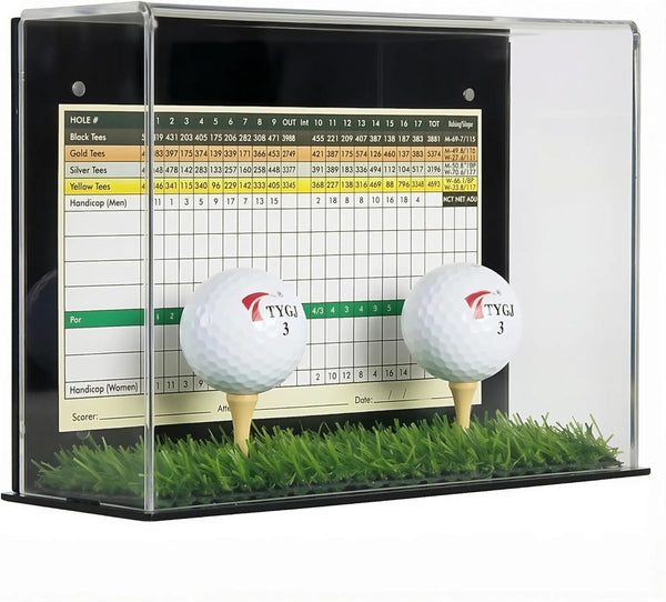 Golf Ball Display Case Stand with Turf Base, for balls from Hole-in-One