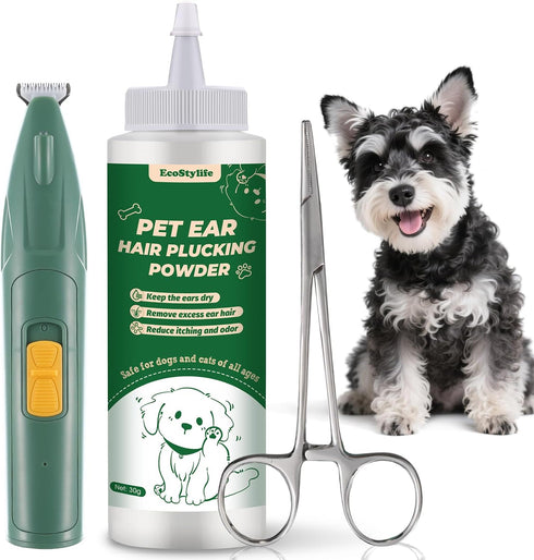 Dog Ear Hair Removal Tool 30g Ear Powder, 5.5" Hemostat & Electric