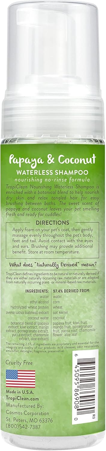 TropiClean No Rinse Waterless Dog Shampoo, Detangling & Deodorizing Dry Shampoo for Smelly Pets, 7.4oz, Papaya Scent