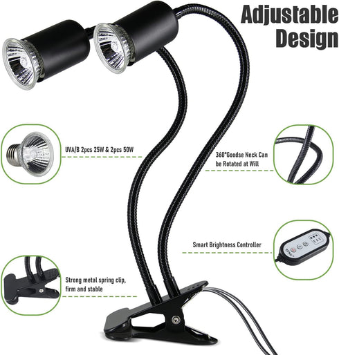 TFNN 2 Bulbs 25W+50W Reptile Heat Lamp, Double-Head Heat Lamp with Clamp, UVA UVB Reptile Light with Intelligent Cycle