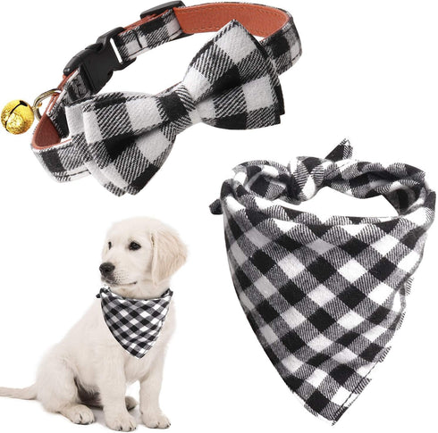 KUDES 2 Pack Adjustable Small Dog Collar Breakaway and Bandana Set with Bell, Black Plaid, S(9.8"-14")