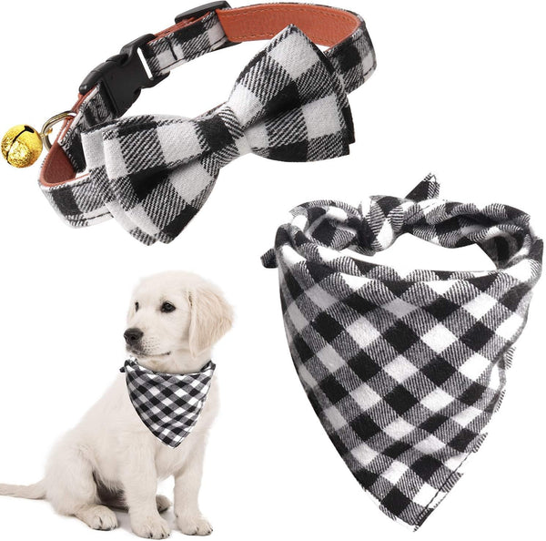 KUDES 2 Pack Adjustable Small Dog Collar Breakaway and Bandana Set with Bell, Black Plaid, S(9.8"-14")