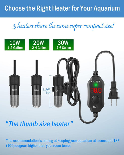 AquaMiracle 20W Adjustable Submersible Aquarium Heater with Digital Display Thermostat for 2-4 Gallon Tanks