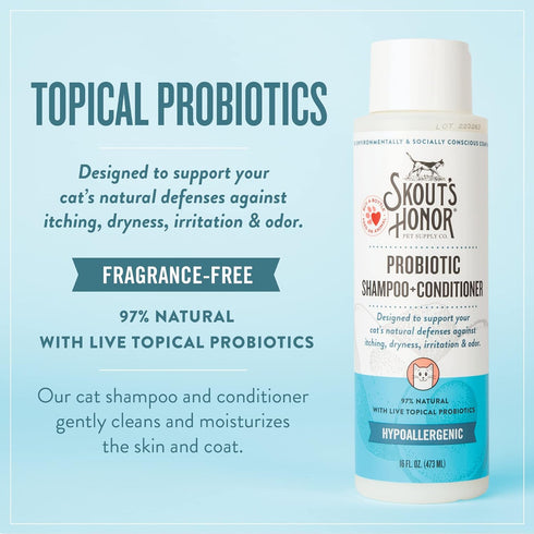 SKOUT'S HONOR Cat Probiotic Shampoo + Conditioner for Healthier Skin and Coat, Fragrance-Free, 16 oz