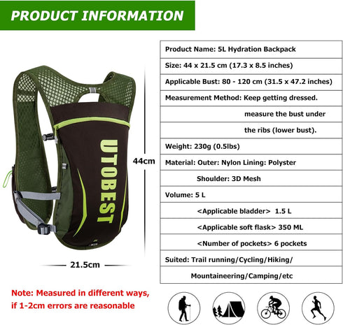 UTOBEST Running Vest, 5L Hydration Vest Lightweight, Breathable and Sweatproof Adjustable for Trail Running Marathon