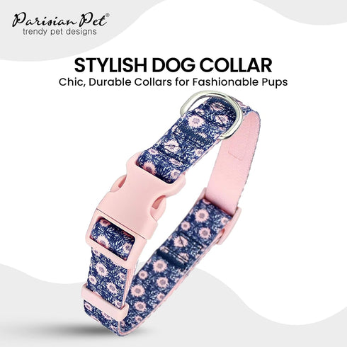 Parisian Pet Dog Collar, Adjustable “Midnight Blossoms” Pattern Collar for Female Puppies, Comfortable Nylon for Small