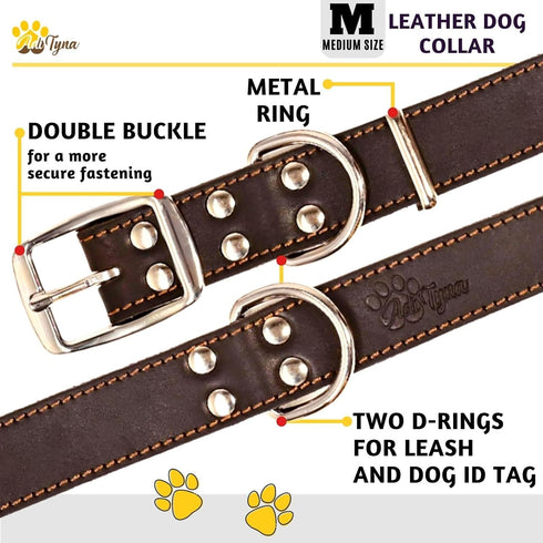 ADITYNA Heavy Duty Black Leather Dog Collar - Soft Medium Dog Collar for Walking, Training, Hiking, Running