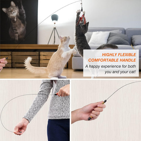 Pawaboo Feather Teaser Cat Toy, Interactive Wand with 34.5" Long Wand and Bell, Wine Red & White Feather