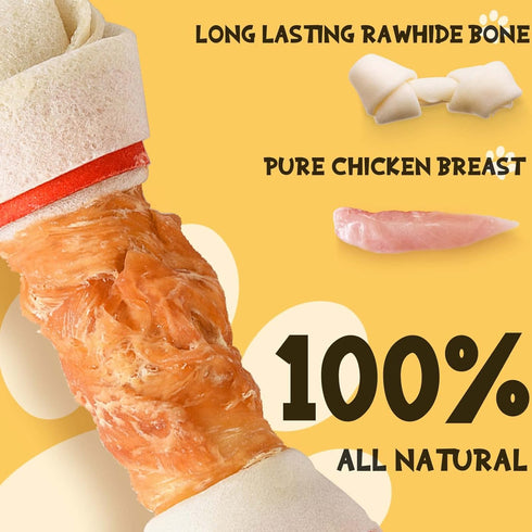 6.5" Breeds4 ASMPET Dog Treats Chews, Chicken Wrapped Rawhide Knotted Bones Dental Care Chews for Small Medium Large