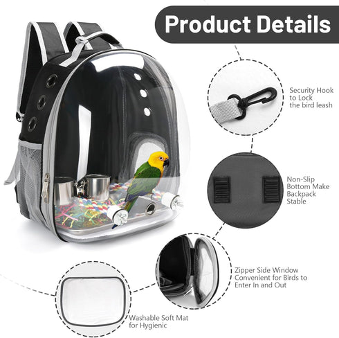 Bird Travel Backpack Carrier for Small Medium Birds, Space Capsule Clear Bubble Window with Stainless Steel Tray and