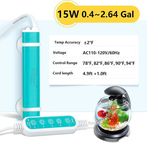 hygger Mini Submersible Aquarium Heater, Digital Display Turtle and Betta Tank Heater (15W-Key)