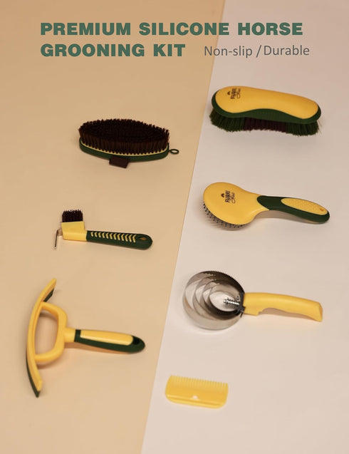 Furrishine 9 Set Horse Grooming Kit, Piece Grooming Brush with Silicone Curry Comb for Bathing & Shedding Pasture Glow