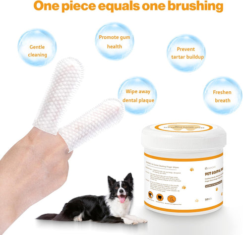 Pet Dental Cleaning Wipes for Dogs & Cats, Disposable Finger Toothbrush for Plaque & Tartar Removal, Oral Care, 50 Count