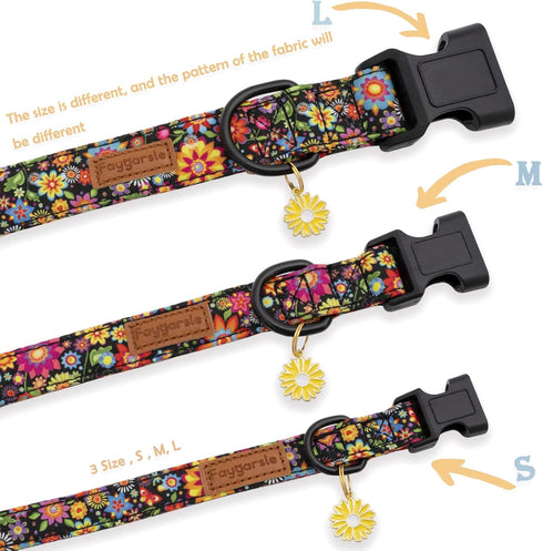 Faygarsle Floral Dog Collar for Girls, Soft Fancy Pet Collar with Flower Design for Small Medium Large Dogs (Black, S)