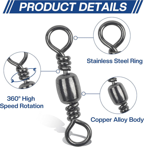 Fishing Barrel Swivels, 200pcs Rolling Ball Bearing Swivels with Solid Ring, Copper & Stainless Steel, Size 2-10