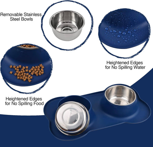 Dog Bowls 2 Stainless Steel Bowls for Pet Food and Water Feeder with Non Spill Skid Resistant Silicone Mat