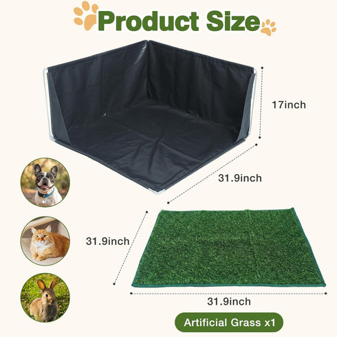 32" 32" 17" Hemmed x x Dog Litter Box with High Walls with Artificial Grass Edge, Portable Dog Potty Tray Large Puppy