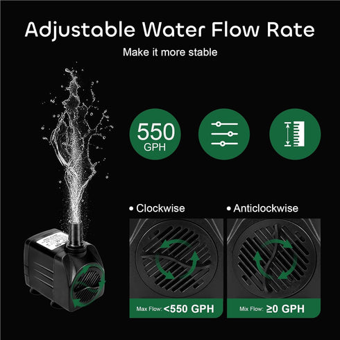 GROWNEER 550GPH Submersible Pump, 30W Ultra Quiet Fountain Water Pump, 2000L/H for Aquarium, Fish Tank, Pond