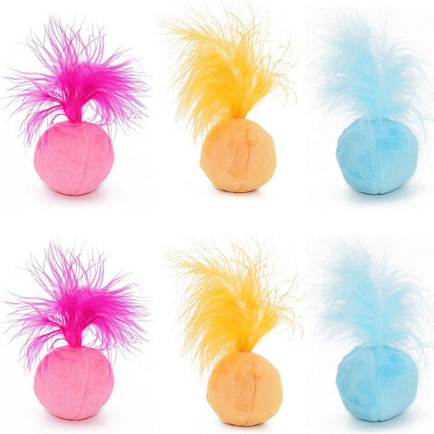 Furry Rattle Ball Cat Toy with Feather and Catnip, Interactive Pom Pom Balls for Cats, 2 Inch, 6 Pack