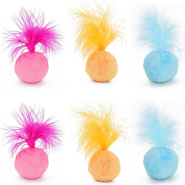 Furry Rattle Ball Cat Toy with Feather and Catnip, Interactive Pom Pom Balls for Cats, 2 Inch, 6 Pack