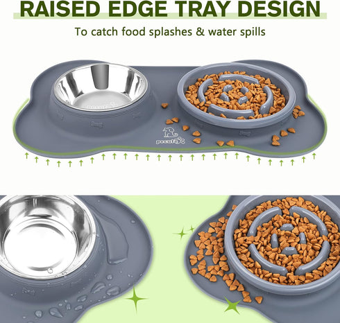 Pecute Slow Feeder Dog Bowls, Non-Spill Silicone Mat, Food-Grade Safe Bowls, Stainless Steel Water Bowl