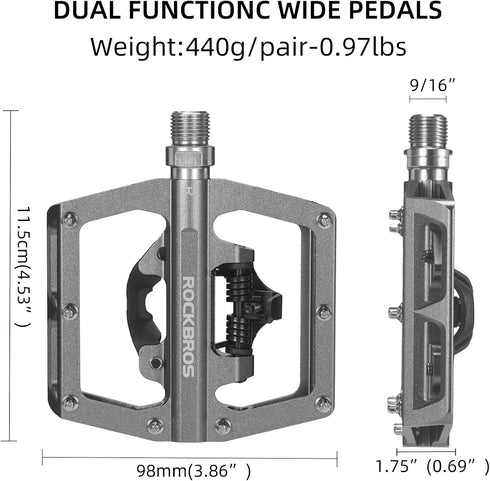 ROCKBROS Dual Function MTB Mountain Bike Pedals, Aluminum Clipless & Flat Platform 9/16" with Cleats