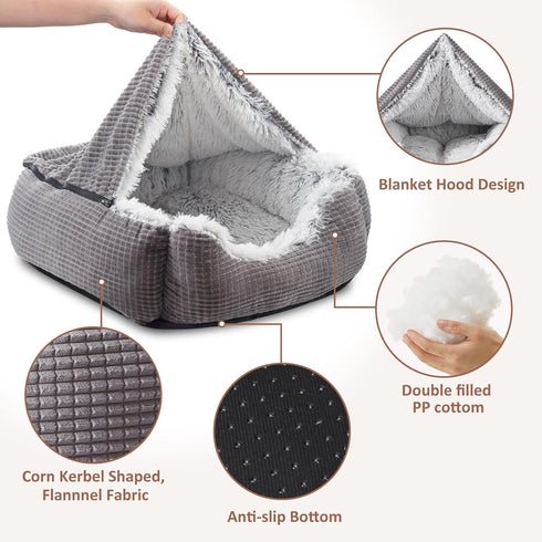 MIXJOY Dog Beds for Large Medium Small Dogs, Rectangle Cave Hooded Blanket Puppy Bed, Luxury Orthopedic Cat Bed (25