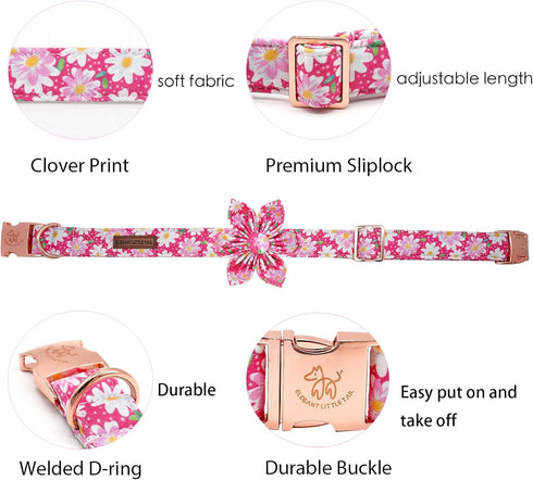 Elegant little tail Dog Collar with Flower, Adjustable Pink Floral Dog Collar Gift for Large Female Dogs