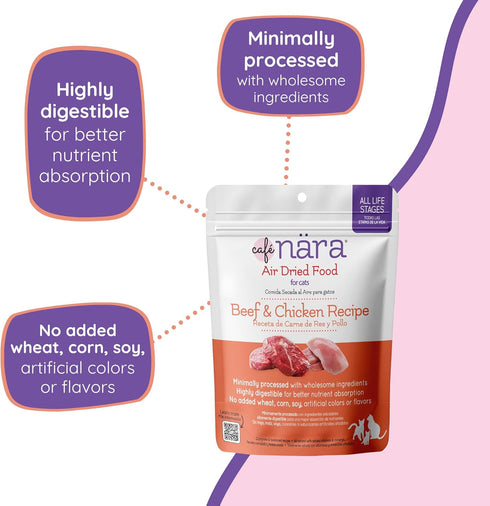 90% 5 oz Cafe Nara Air Dried Cat Food, Beef & Chicken Recipe, Real Meat, Complete Meal, Food Topper, or Treat, Made