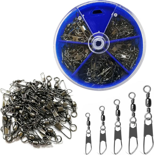 JSHANMEI Fishing Snap Swivels Rolling Barrel Swivels with Safety Snaps, Black Nickel Coated, High Strength Copper
