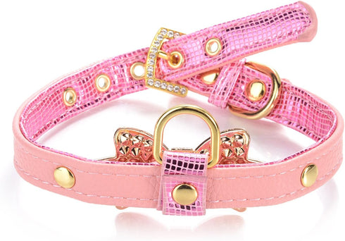 LOVPE Gold Bling Diamond Glitter Leather Fashion Collar, XS Pink for Small Dogs, Cats, Puppies, Walking Travel Gifts