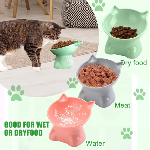 3PCS Elevated Cat Bowls, 15° Tilted Raised Anti-Vomiting Food and Water Bowl Set, Shallow Whisker Friendly Cat Dish