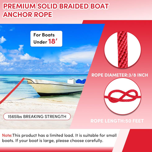 Premium Anchor Rope 50 ft x 3/8 inch, Solid Braid MFP Anchor Line Boat Rope Marine Rope,Boat Anchor Rope with Thimble & Shackle - Red by VEITHI
