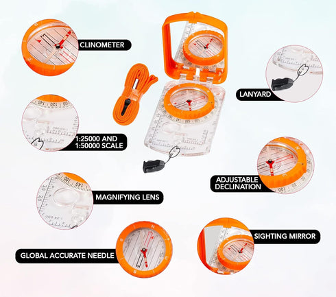 Sighting Compass Mirror, Adjustable Declination for Boy Scout Survival Camping, Base Plate Compass for Navigation