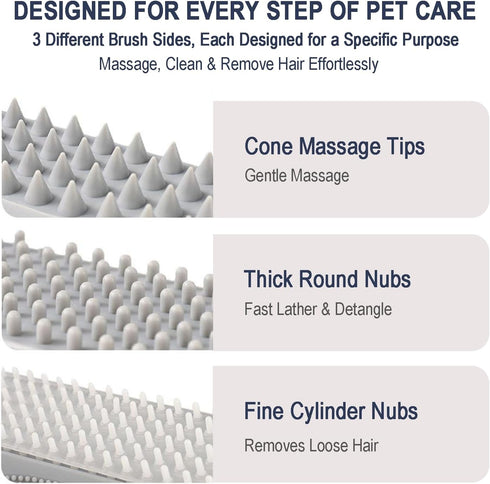 3-in-1 Triangular Dog Bath Brush for Dogs & Cats, Silicone Pet Grooming Brush with Deshedding Bristles, Massage Cones