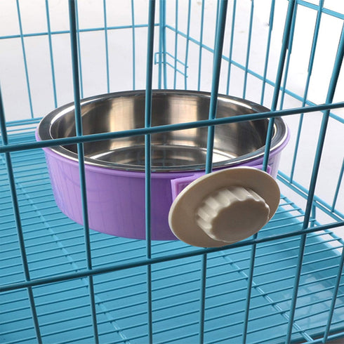 Crate Dog Bowl Removable Stainless Steel Water Food Feeder Bowls - Cage Coop Cup for Cat Puppy Bird Pets (Large, Purple)