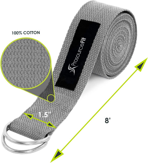 ProsourceFit Metal D-Ring Yoga Strap - 8’ Durable Cotton for Stretching and Flexibility