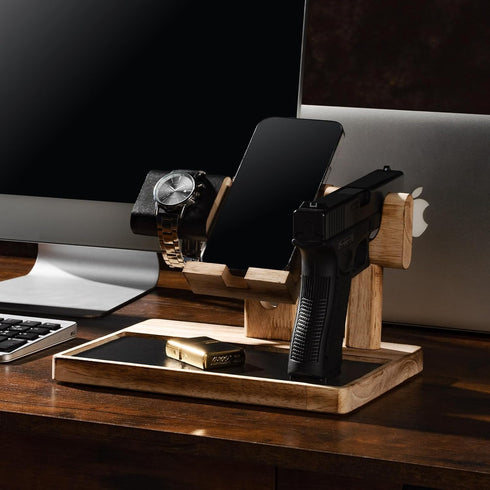 DGWJSU Pistol Rack for Gun Safe, Wood Handgun Rack Holder for Gun, Phone Docking Station as Nightstand Organizer as