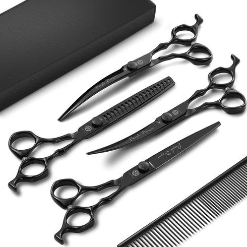Purple Dragon Dog Grooming Scissors Set - 7 Inch Black Shears with Chunkers, Straight, Curved Scissors and Comb