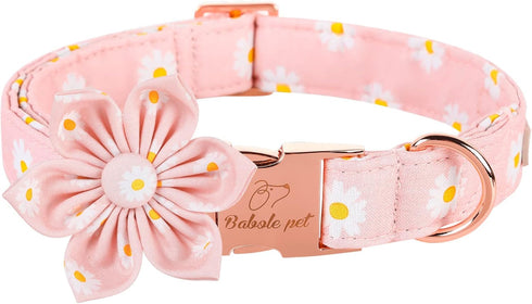 Adjustable Cotton Dog Collar with Pink Daisy Flower Tie, Safety Metal Buckle for Small Medium Large Dogs, Neck 10"-16"