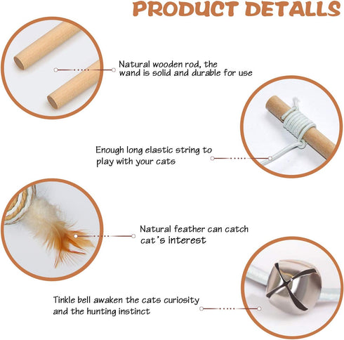 3-Pack Cat Wand Toys, 16-Inch Natural Wooden Teaser Wand with 5 Silvervine Sticks, Interactive Feather Wand for Indoor