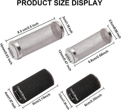 2 Pcs 12mm/16mm Stainless Steel Aquarium Filter Intake Guard Mesh Cover,Fish Tank Filter Guard with 2PCS Filter Sponge for Breeding Fish Shrimp Tank