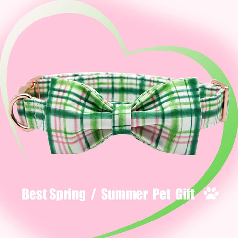 Elegant Little Tail Dog Collar with Bow - Pink with Green Plaid, Adjustable Cute Bowtie Pet Collar for X-Small Puppy