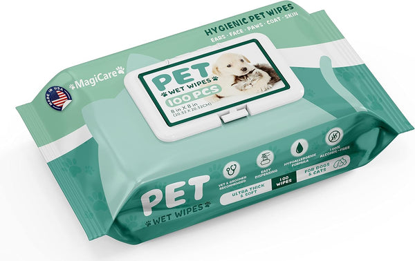MAGICARE Grooming Wipes for Dogs & Cats - 100 Unscented Deodorizing Wipes for Sensitive Skin, Made in USA