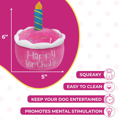 Plush Birthday Dog Toys for Small, Medium and Large Dogs, Pink Birthday Cake Dog Toy with Squeaker (Pink Birthday Cupcake)