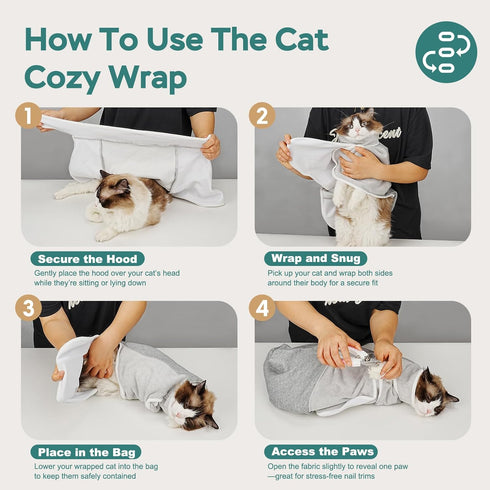 Pawfun Cozy Self-Adhesive Cat Grooming Wrap, Cat Wrap for Cutting Nails, Breathable Anti-Scratch Cats Swaddle Bag